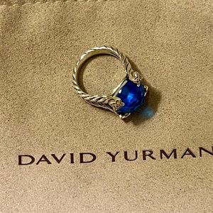 DAVID YURMAN BLUE TOPAZ RING 15 MM ON POINT CUSHION CUT.